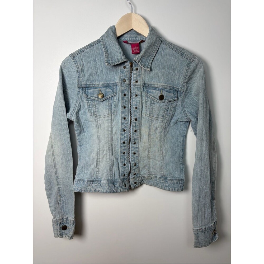 Y2K SO Denim Jean Jacket Light Wash Zip Front Grommets Sz S
